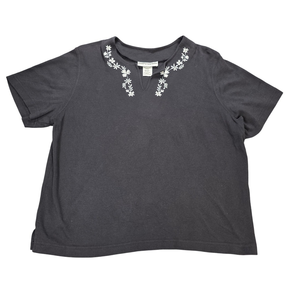 Cathy Daniels Embroidered Top Women's Size M Black Floral Split Neck 100% Cotton